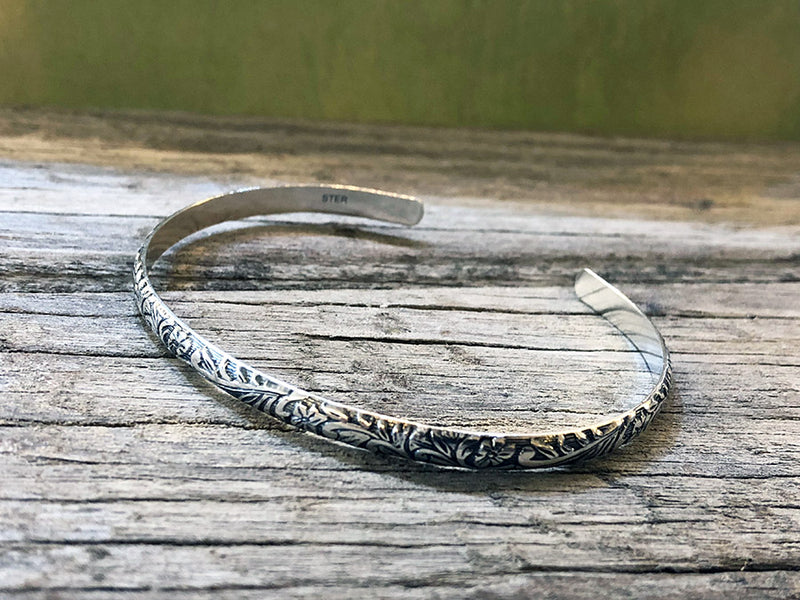 Thin Floral Cuff Bracelet | Patterned Sterling Silver Cuff Bangle